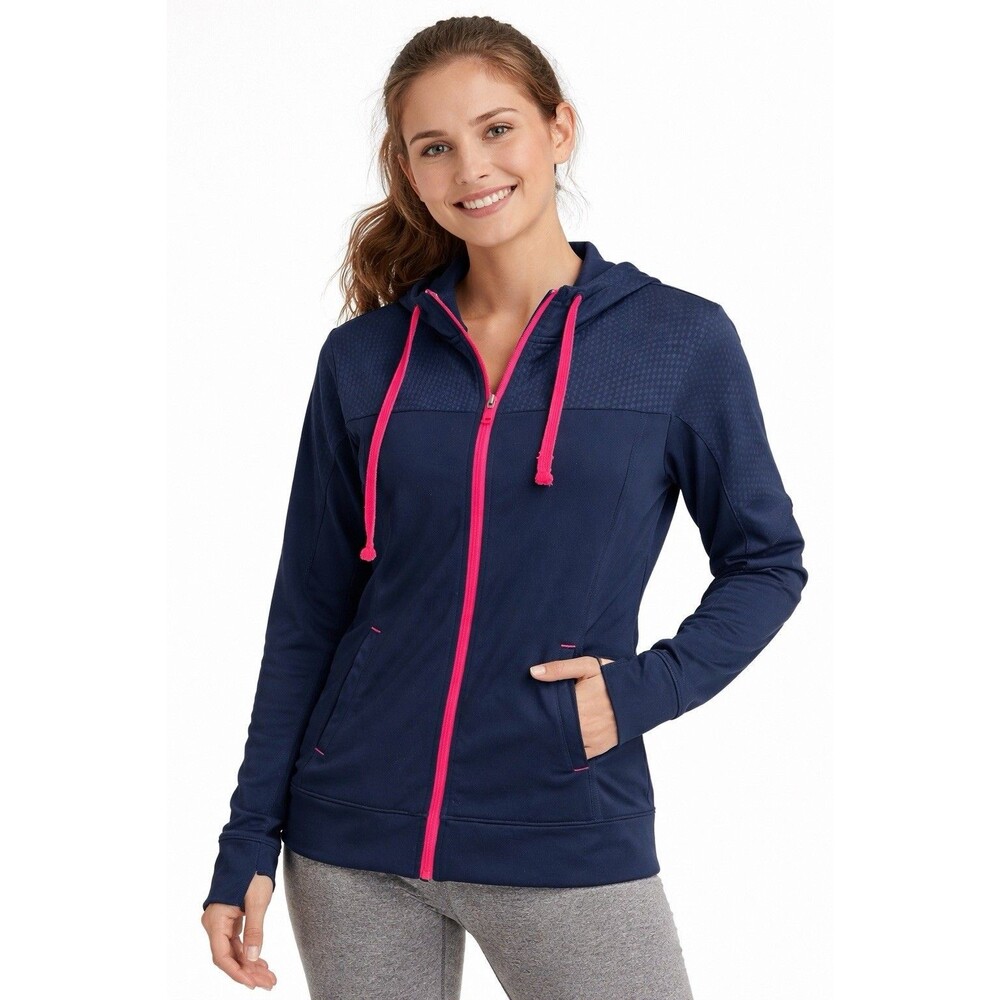 Navy Pink Zip Hoodie Athletic Lightweight Jacket Women M - Picture 1 of 10